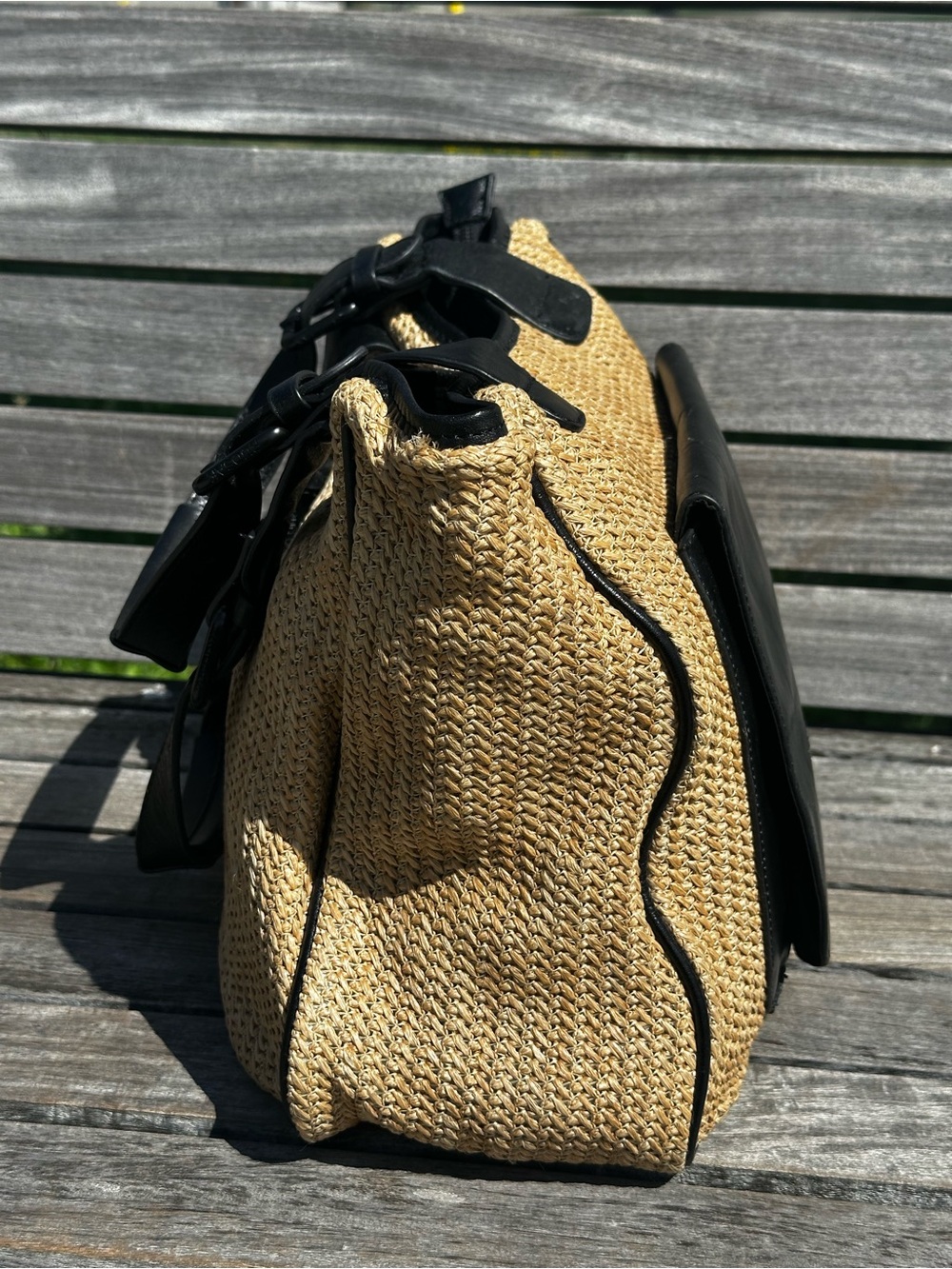 RUDSAK Straw Woven Leather Trim Tote Bag Black Flap Pocket Shoulder Purse - Picture 6 of 12